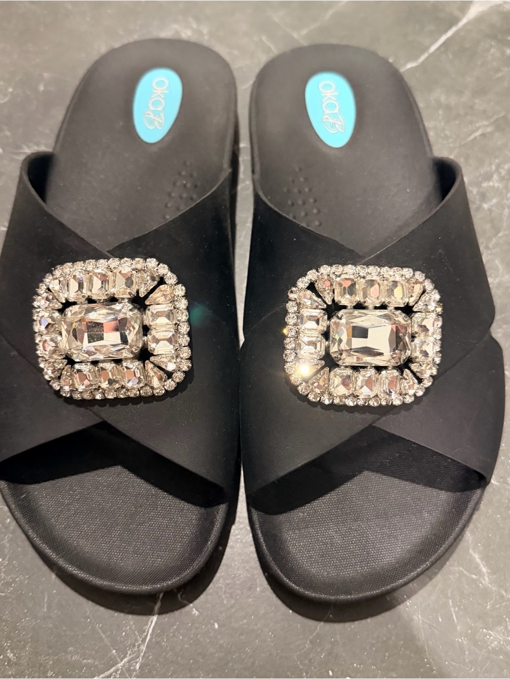 OKA b. Black Slide Sandals with Crystal Buckle